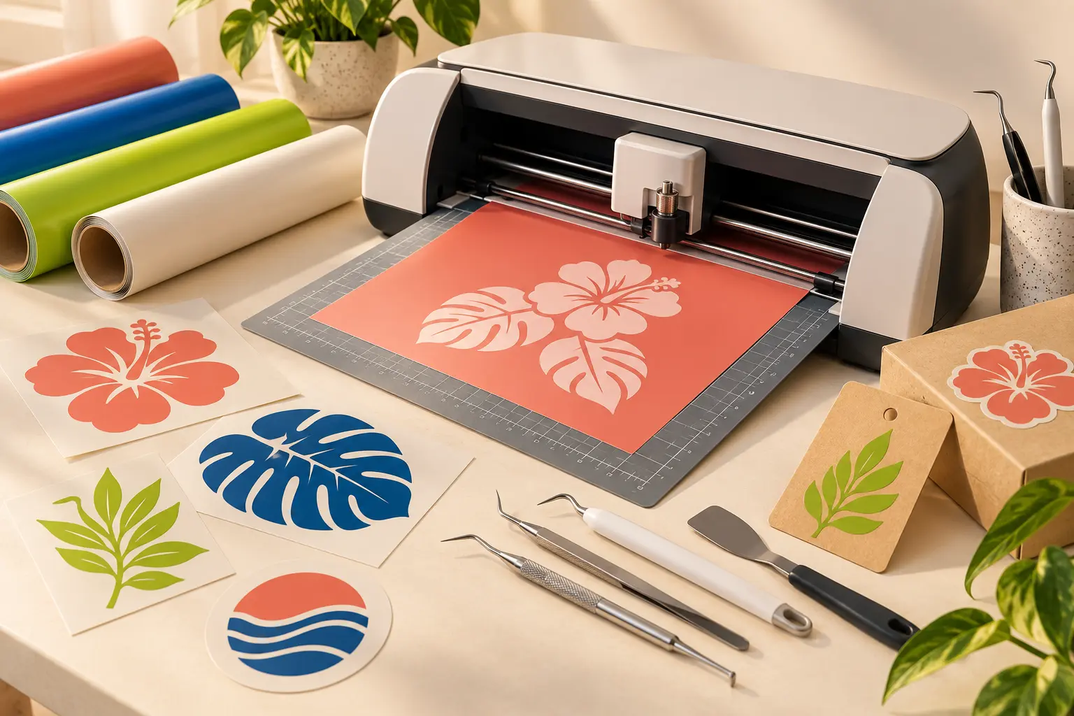 A professional vinyl cutting workstation with a cutting machine, rolled vinyl, precision tools, decals, and packaging