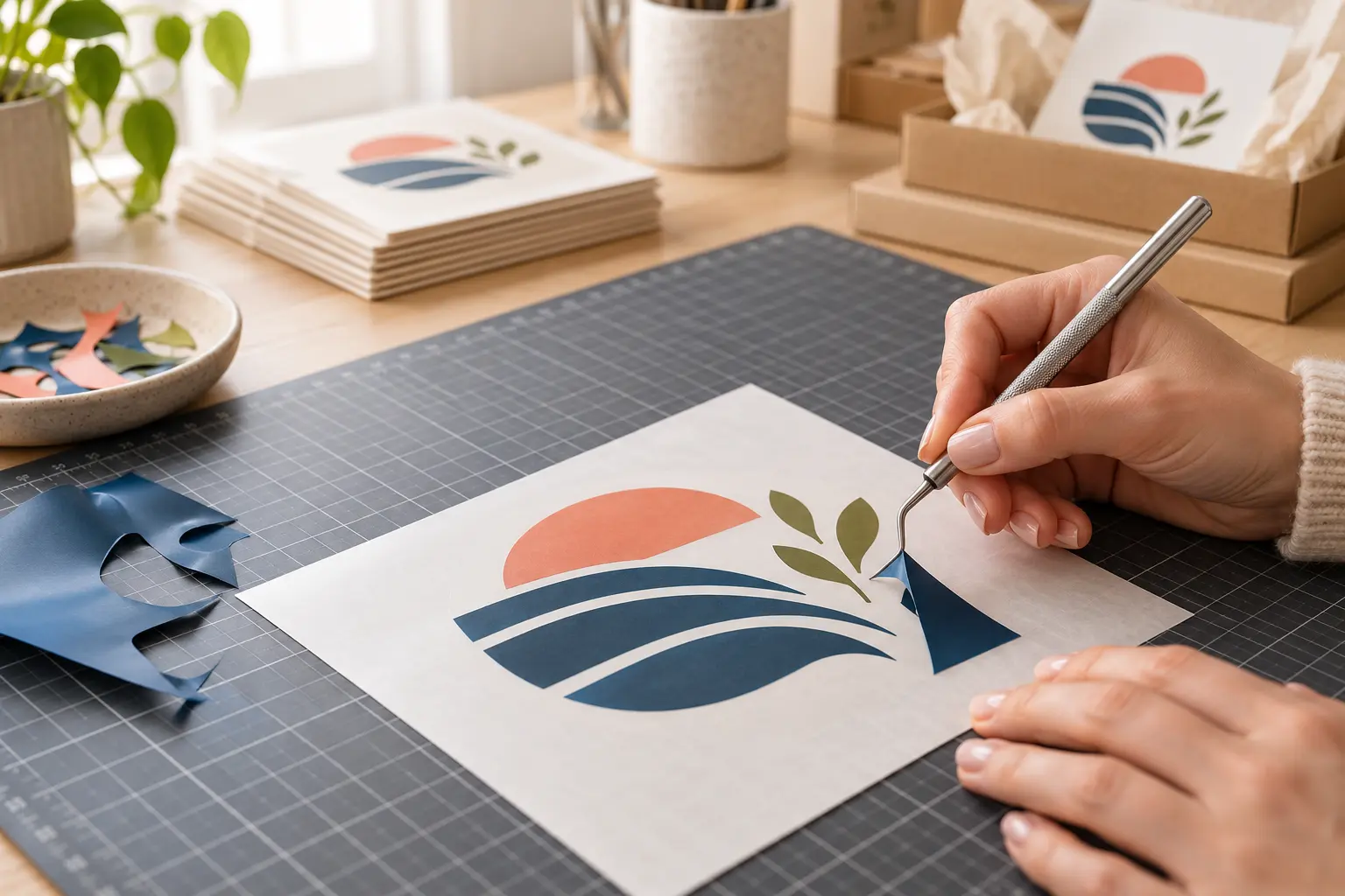 A maker carefully weeding a clean vinyl decal on a gridded cutting mat